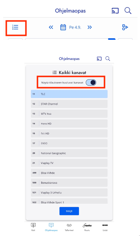 Kuva kertoo kuinka Elisa VIihde -sovelluksesta saa näkyville vain tilaukseen kuuluvat kanavat